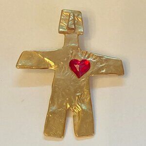 Figure Pendant with Red Heart. Goldplated created by Joanne Cooper in 1980s